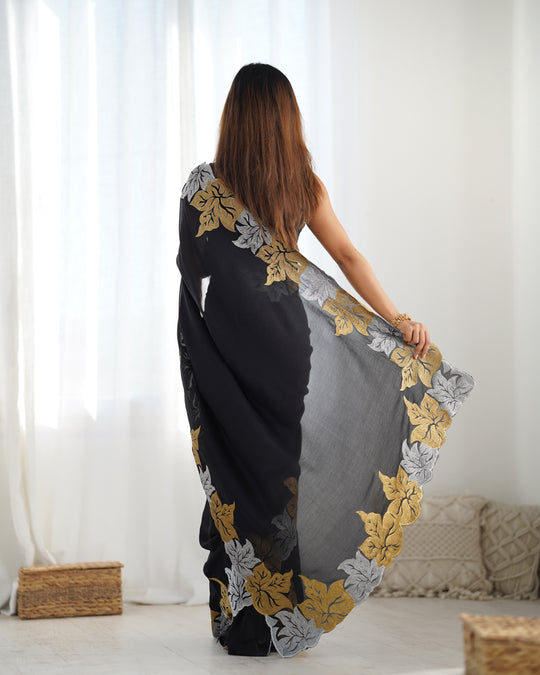 Black Vichitra Silk Sequins Embroidery Work With Cut Work Border Saree With Blouse Piece