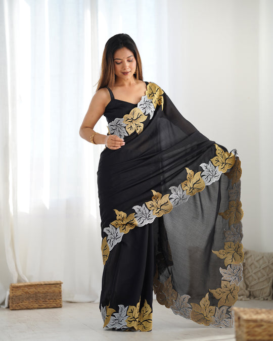 Black Vichitra Silk Sequins Embroidery Work With Cut Work Border Saree With Blouse Piece