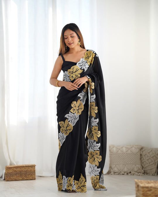 Black Vichitra Silk Sequins Embroidery Work With Cut Work Border Saree With Blouse Piece