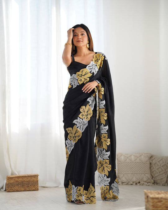 Black Vichitra Silk Sequins Embroidery Work With Cut Work Border Saree With Blouse Piece