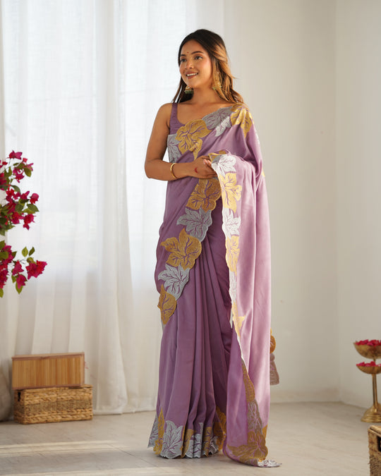 Lavender Vichitra Silk Sequins Embroidery Work With Cut Work Border Saree With Blouse Piece