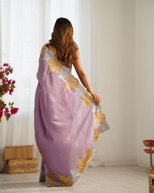 Lavender Vichitra Silk Sequins Embroidery Work With Cut Work Border Saree With Blouse Piece