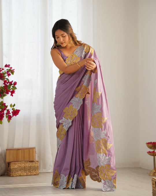 Lavender Vichitra Silk Sequins Embroidery Work With Cut Work Border Saree With Blouse Piece