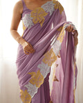 Lavender Vichitra Silk Sequins Embroidery Work With Cut Work Border Saree With Blouse Piece
