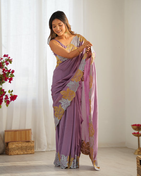 Lavender Vichitra Silk Sequins Embroidery Work With Cut Work Border Saree With Blouse Piece