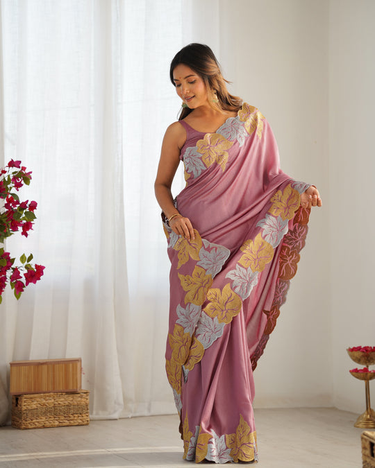 Mauve Vichitra Silk Sequins Embroidery Work With Cut Work Border Saree With Blouse Piece