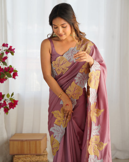 Mauve Vichitra Silk Sequins Embroidery Work With Cut Work Border Saree With Blouse Piece