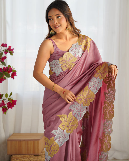 Mauve Vichitra Silk Sequins Embroidery Work With Cut Work Border Saree With Blouse Piece