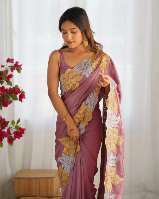 Mauve Vichitra Silk Sequins Embroidery Work With Cut Work Border Saree With Blouse Piece