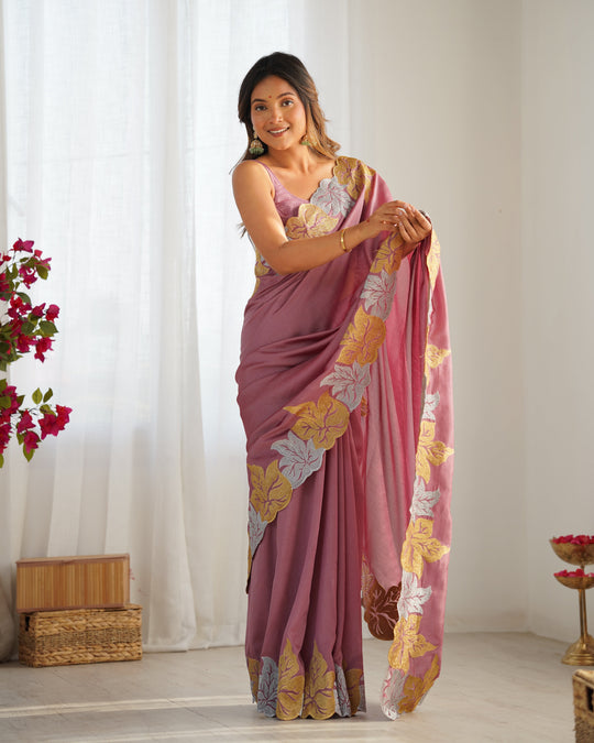 Mauve Vichitra Silk Sequins Embroidery Work With Cut Work Border Saree With Blouse Piece