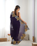 Purple Vichitra Silk Sequins Embroidery Work With Cut Work Border Saree With Blouse Piece