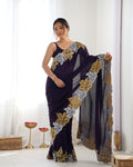 Blue Vichitra Silk Sequins Embroidery Work With Cut Work Border Saree With Blouse Piece