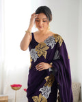 Purple Vichitra Silk Sequins Embroidery Work With Cut Work Border Saree With Blouse Piece