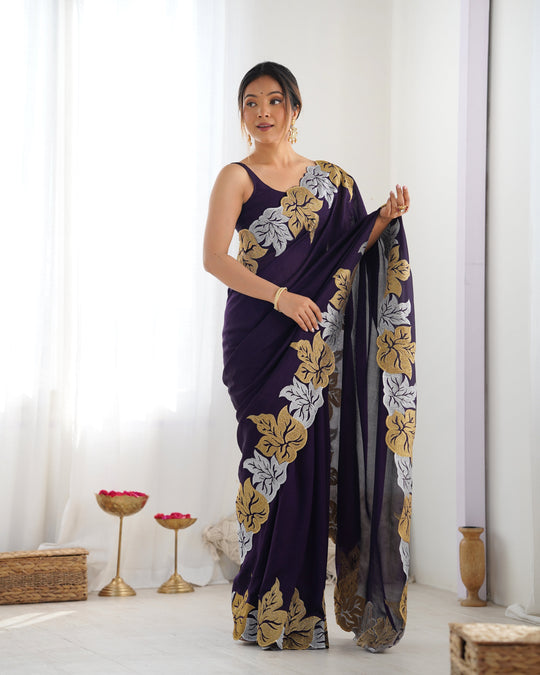 Purple Vichitra Silk Sequins Embroidery Work With Cut Work Border Saree With Blouse Piece
