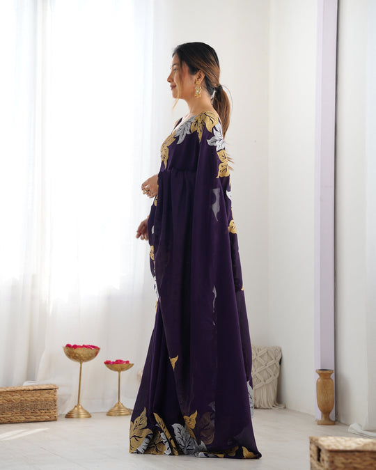 Purple Vichitra Silk Sequins Embroidery Work With Cut Work Border Saree With Blouse Piece