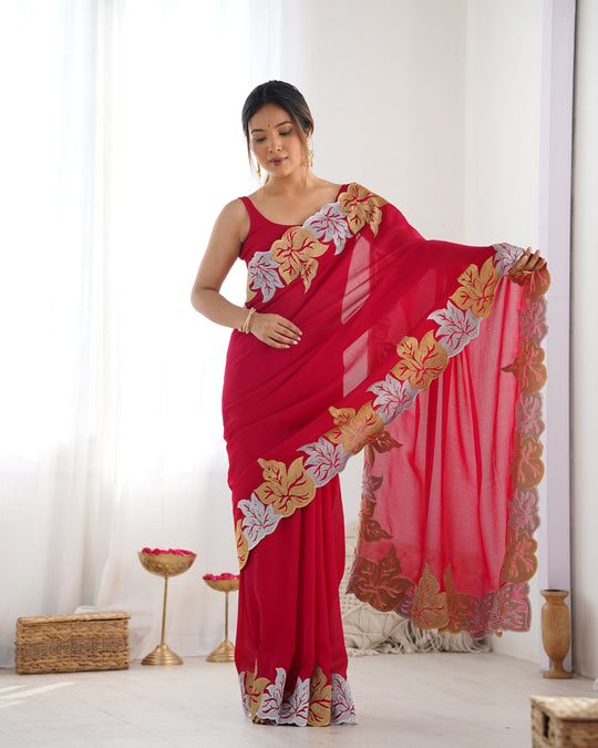 Red Vichitra Silk Sequins Embroidery Work With Cut Work Border Saree With Blouse Piece