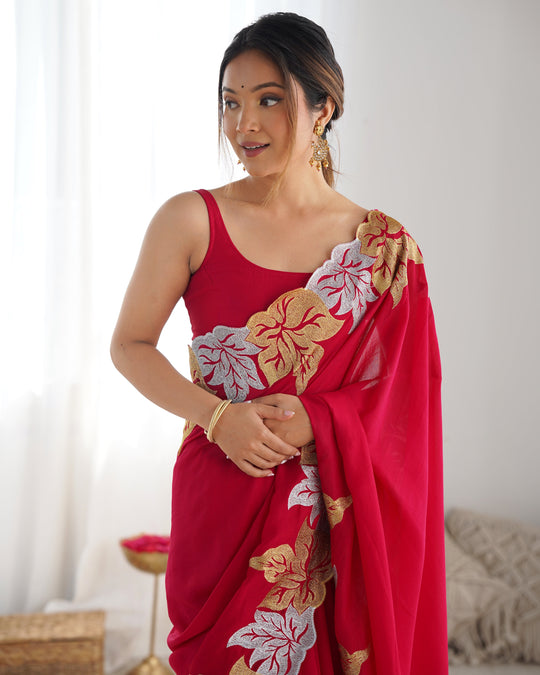 Red Vichitra Silk Sequins Embroidery Work With Cut Work Border Saree With Blouse Piece