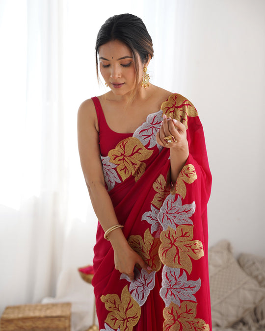 Red Vichitra Silk Sequins Embroidery Work With Cut Work Border Saree With Blouse Piece