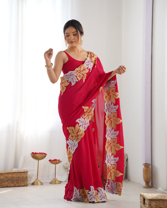 Red Vichitra Silk Sequins Embroidery Work With Cut Work Border Saree With Blouse Piece