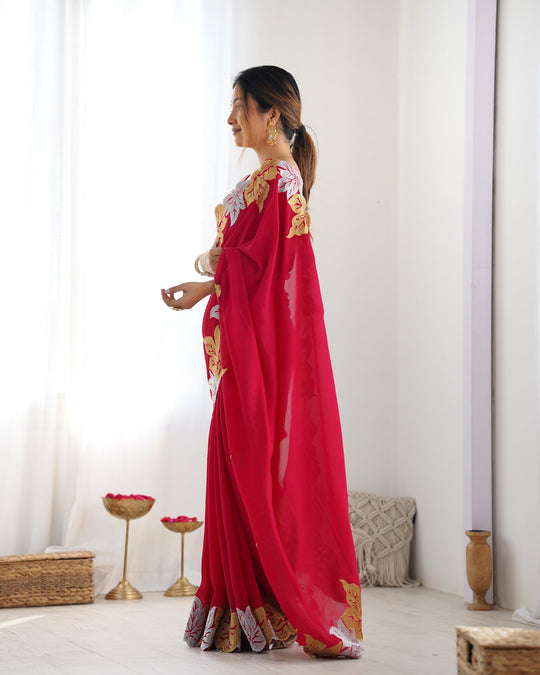 Red Vichitra Silk Sequins Embroidery Work With Cut Work Border Saree With Blouse Piece