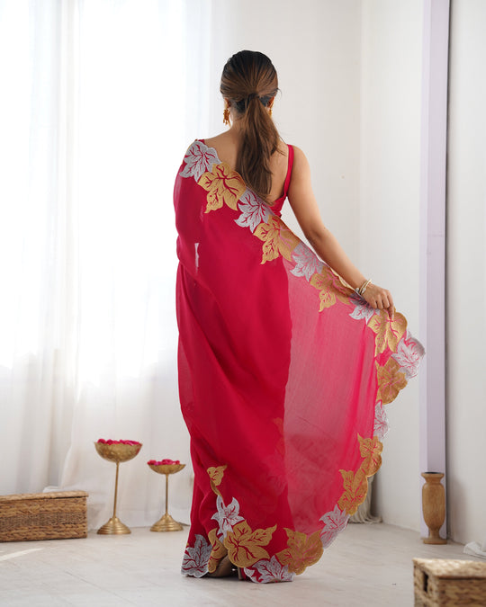 Red Vichitra Silk Sequins Embroidery Work With Cut Work Border Saree With Blouse Piece