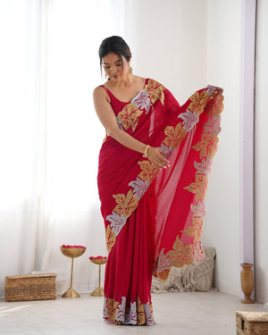 Red Vichitra Silk Sequins Embroidery Work With Cut Work Border Saree With Blouse Piece