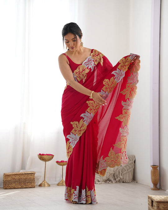 Red Vichitra Silk Sequins Embroidery Work With Cut Work Border Saree With Blouse Piece