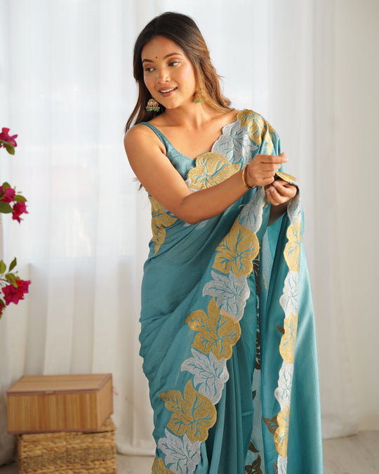 Teal Blue Vichitra Silk Sequins Embroidery Work With Cut Work Border Saree With Blouse Piece