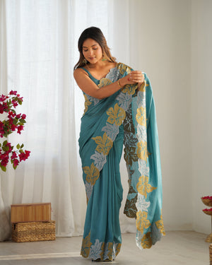 Teal Blue Vichitra Silk Sequins Embroidery Work With Cut Work Border Saree With Blouse Piece
