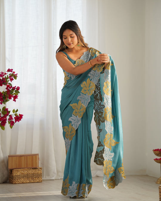 Teal Blue Vichitra Silk Sequins Embroidery Work With Cut Work Border Saree With Blouse Piece