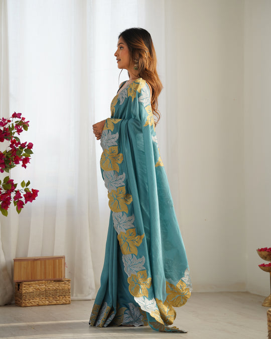 Teal Blue Vichitra Silk Sequins Embroidery Work With Cut Work Border Saree With Blouse Piece
