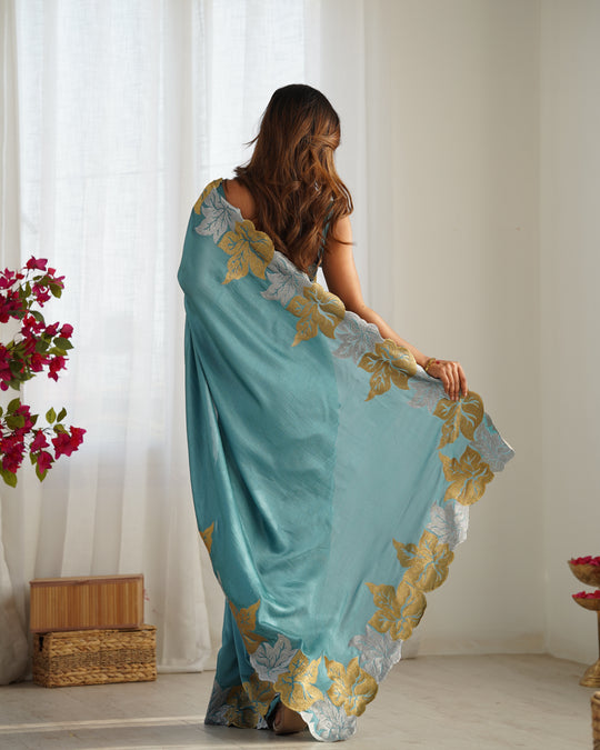 Teal Blue Vichitra Silk Sequins Embroidery Work With Cut Work Border Saree With Blouse Piece