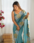 Teal Blue Vichitra Silk Sequins Embroidery Work With Cut Work Border Saree With Blouse Piece