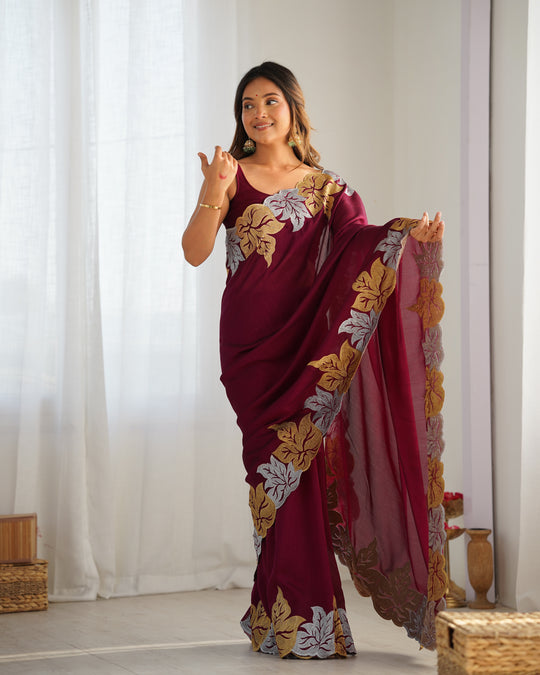 Maroon Vichitra Silk Sequins Embroidery Work With Cut Work Border Saree With Blouse Piece