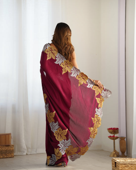 Maroon Vichitra Silk Sequins Embroidery Work With Cut Work Border Saree With Blouse Piece