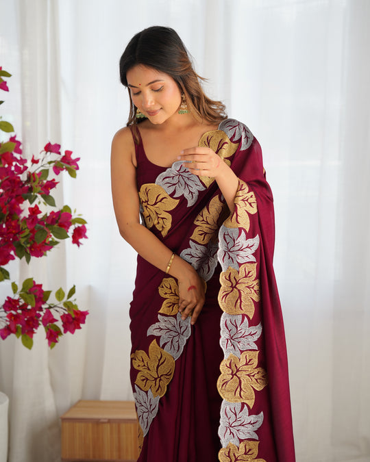 Maroon Vichitra Silk Sequins Embroidery Work With Cut Work Border Saree With Blouse Piece