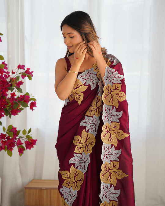 Maroon Vichitra Silk Sequins Embroidery Work With Cut Work Border Saree With Blouse Piece