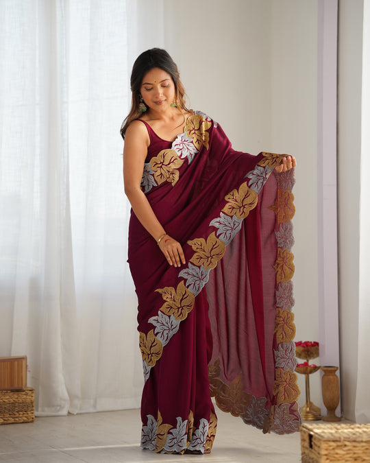Maroon Vichitra Silk Sequins Embroidery Work With Cut Work Border Saree With Blouse Piece