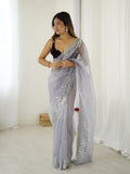Greay Twill Net 3 Mm Seqwance Work With Rich Gold Zari Work Saree With Blouse Piece
