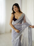 Greay Twill Net 3 Mm Seqwance Work With Rich Gold Zari Work Saree With Blouse Piece