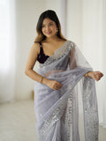 Greay Twill Net 3 Mm Seqwance Work With Rich Gold Zari Work Saree With Blouse Piece