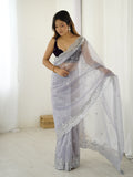 Greay Twill Net 3 Mm Seqwance Work With Rich Gold Zari Work Saree With Blouse Piece