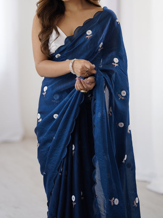 Blue Fendy Satin Two Tone Sequins Handwork Laceborder Saree With Blouse Piece