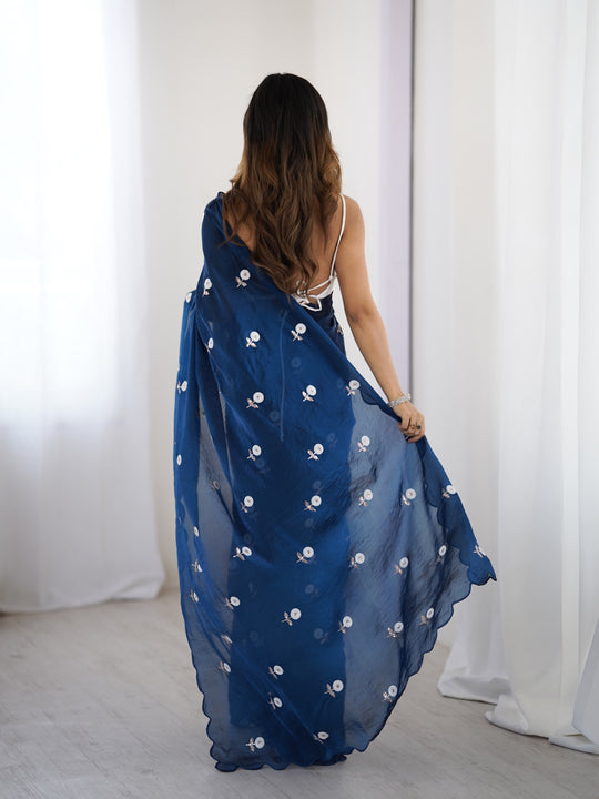 Blue Fendy Satin Two Tone Sequins Handwork Laceborder Saree With Blouse Piece