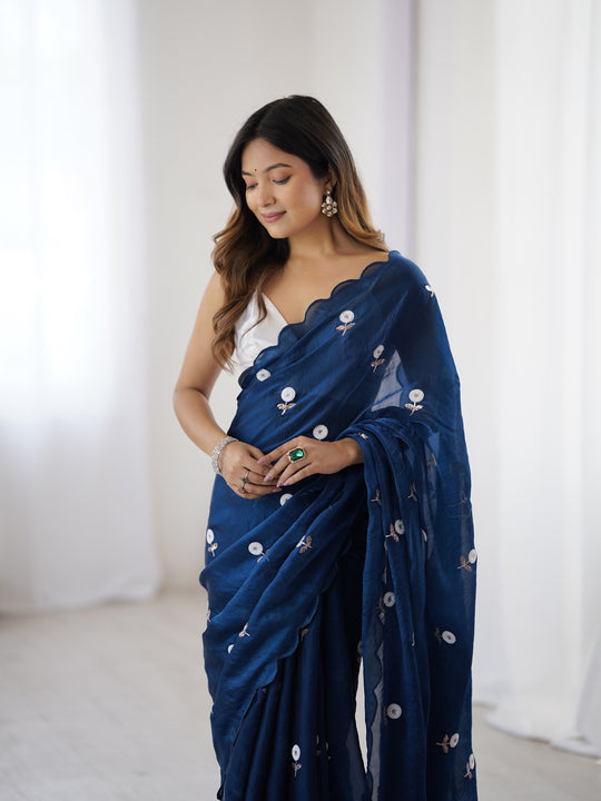 Blue Fendy Satin Two Tone Sequins Handwork Laceborder Saree With Blouse Piece