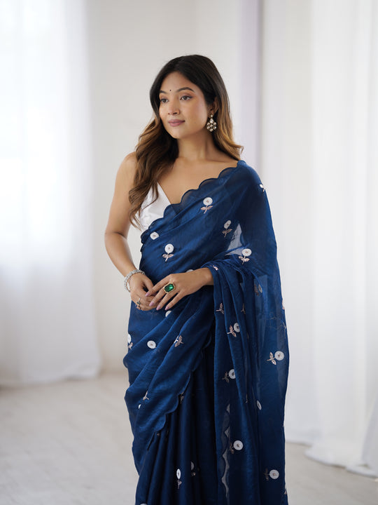 Blue Fendy Satin Two Tone Sequins Handwork Laceborder Saree With Blouse Piece