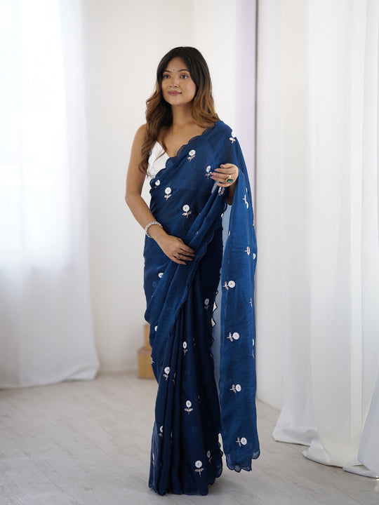 Blue Fendy Satin Two Tone Sequins Handwork Laceborder Saree With Blouse Piece