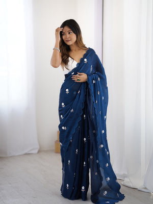 Blue Fendy Satin Two Tone Sequins Handwork Laceborder Saree With Blouse Piece