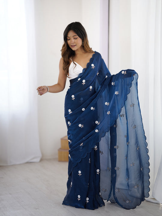 Blue Fendy Satin Two Tone Sequins Handwork Laceborder Saree With Blouse Piece