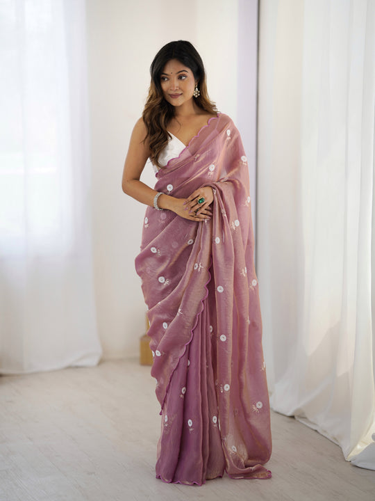 Pink Fendy Satin Two Tone Sequins Handwork Laceborder Saree With Blouse Piece